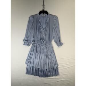 Reset Dress Womens Medium Blue Pleated Tiered Smocked Waist V Neck 3/4 Sleeve